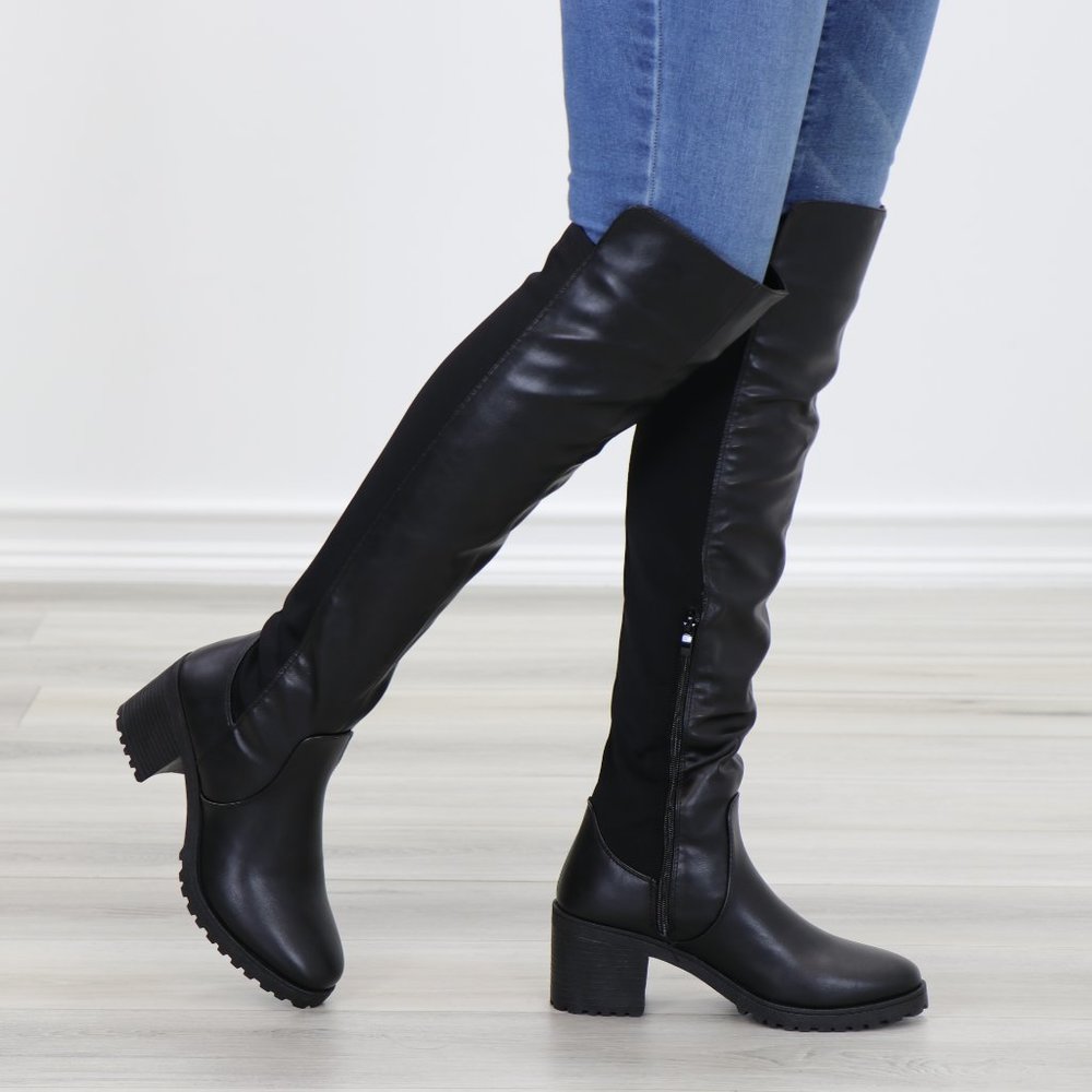 Chunky Lug Heel Over The Knee Boot Black 2 Materials - Picture 5 of 15
